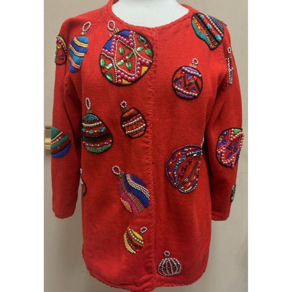 Vintage Michael Simon Ornament Beaded Christmas Sweater Cardigan Sz 2 Small XS